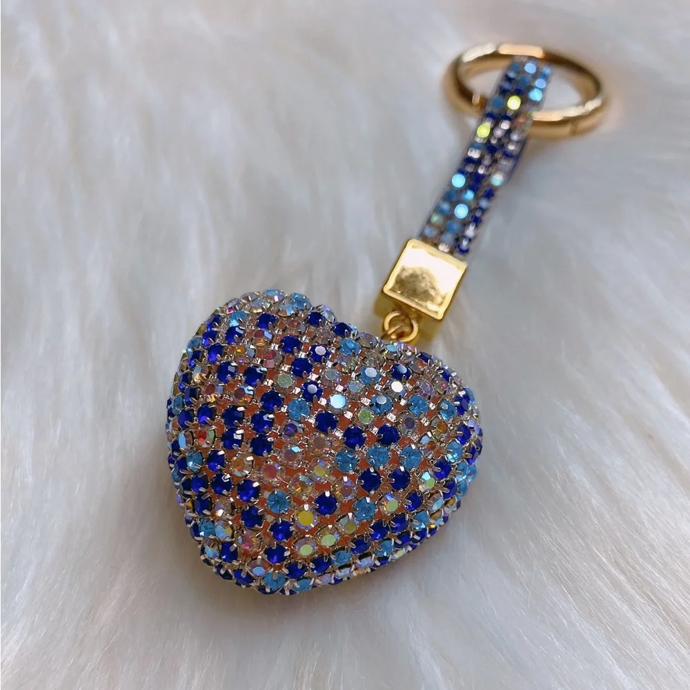 Blue 3D heart bling keychain bag charm